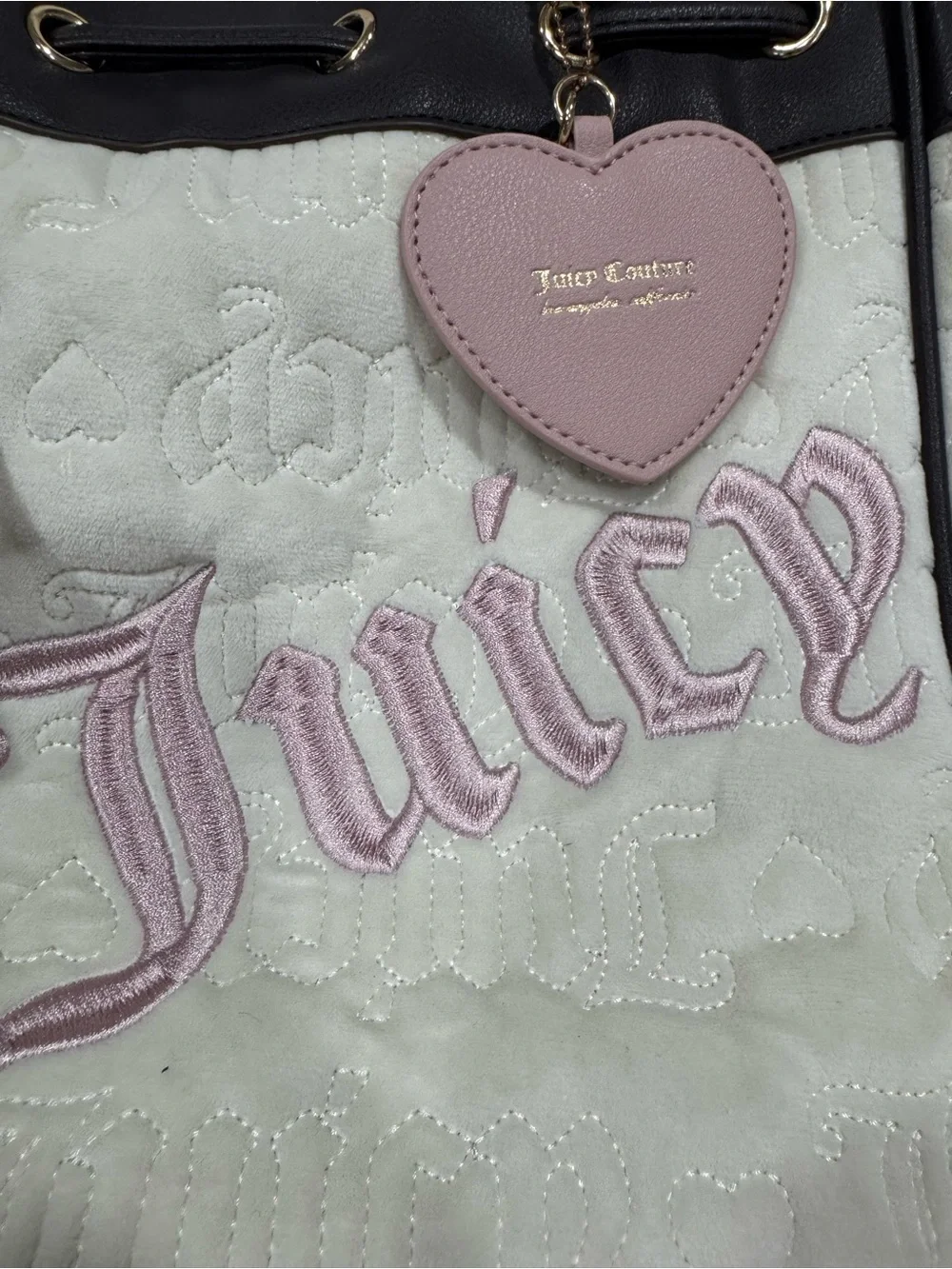 NWT Juicy Couture Cream Quilted Tote with Pink Heart Charm and Brown Trim